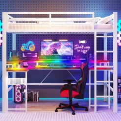 Okwish Lit Mezzanine 90x200 cm - Bureau Intégré, Éclairage LED Réglable et Panneau Perforé - USB, Type-C et 2 Prises - Métal + MDF Blanc Outlet