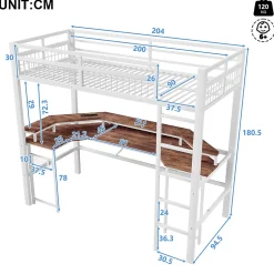 Okwish Lit Mezzanine 90x200 cm - Bureau Intégré, Éclairage LED Réglable et Panneau Perforé - USB, Type-C et 2 Prises - Métal + MDF Blanc Outlet