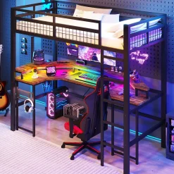Okwish Lit Mezzanine 90x200 cm - Bureau Intégré, Éclairage LED Réglable et Panneau Perforé - USB, Type-C et 2 Prises - Métal + MDF - Noir