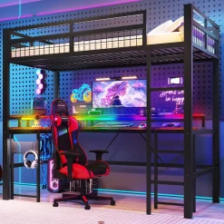 Okwish Lit Mezzanine 90x200 cm - Bureau Intégré, Éclairage LED Réglable et Panneau Perforé - USB, Type-C et 2 Prises - Métal + MDF - Noir