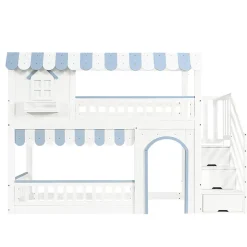 ModernLuxe Lit mezzanine 90x200 cm - escalier avec rangement - avec sommier à lattes - bois massif + MDF - Blanc + Bleu (sans matelas)