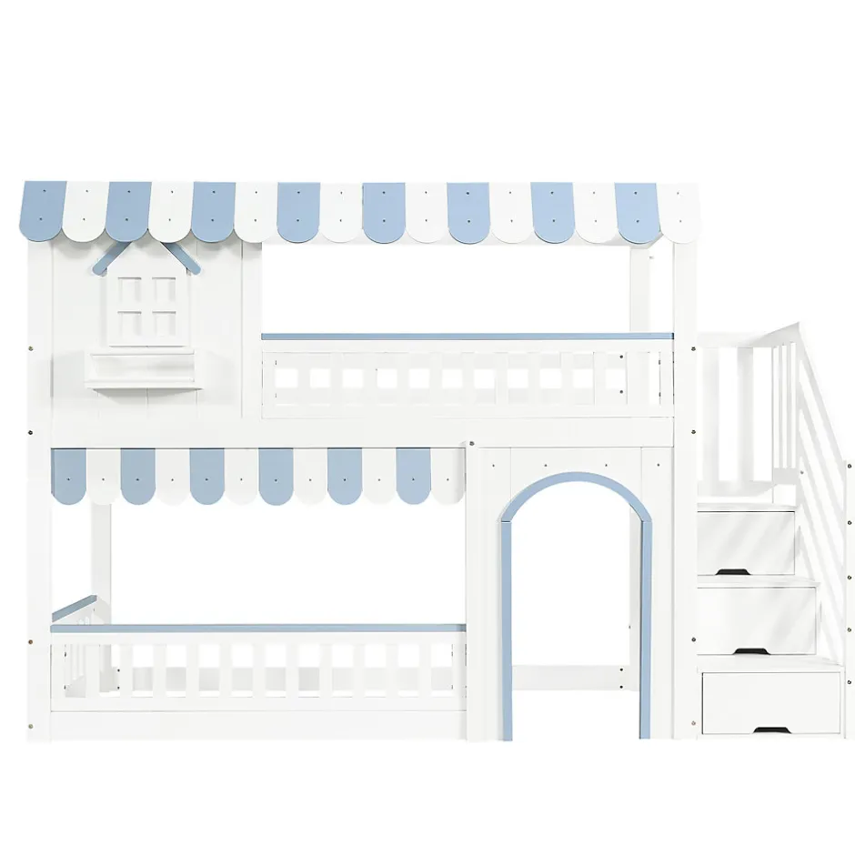 ModernLuxe Lit mezzanine 90x200 cm - escalier avec rangement - avec sommier à lattes - bois massif + MDF - Blanc + Bleu (sans matelas)