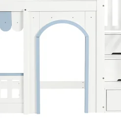 ModernLuxe Lit mezzanine 90x200 cm - escalier avec rangement - avec sommier à lattes - bois massif + MDF - Blanc + Bleu (sans matelas)