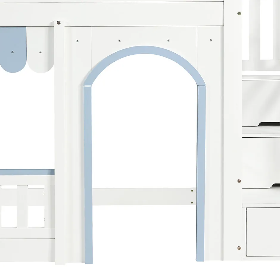 ModernLuxe Lit mezzanine 90x200 cm - escalier avec rangement - avec sommier à lattes - bois massif + MDF - Blanc + Bleu (sans matelas)