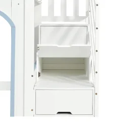 ModernLuxe Lit mezzanine 90x200 cm - escalier avec rangement - avec sommier à lattes - bois massif + MDF - Blanc + Bleu (sans matelas)