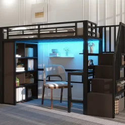Okwish Lit Mezzanine 90x200 cm - LED Intégrée, Bureau et Rangements avec Escalier de Rangement, Métal/MDF, Noir New