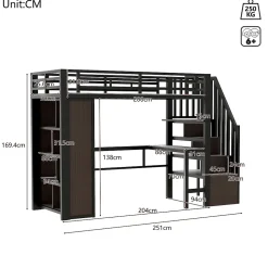 Okwish Lit Mezzanine 90x200 cm - LED Intégrée, Bureau et Rangements avec Escalier de Rangement, Métal/MDF, Noir New