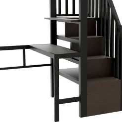 Okwish Lit Mezzanine 90x200 cm - LED Intégrée, Bureau et Rangements avec Escalier de Rangement, Métal/MDF, Noir New