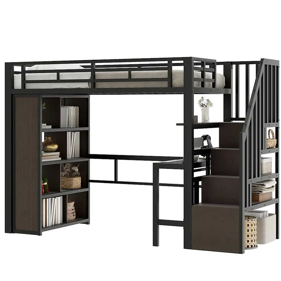 Okwish Lit Mezzanine 90x200 cm - LED Intégrée, Bureau et Rangements avec Escalier de Rangement, Métal/MDF, Noir New