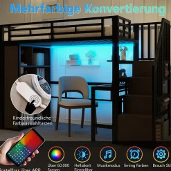 Okwish Lit Mezzanine 90x200 cm - LED Intégrée, Bureau et Rangements avec Escalier de Rangement, Métal/MDF, Noir New
