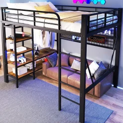 Okwish Lit Mezzanine 140x200 cm - LED Intégrée, Étagères et Rangements avec Portant Vêtements, Espace Ouvert sous Lit, Métal/MDF, No New