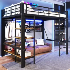 Okwish Lit Mezzanine 140x200 cm - LED Intégrée, Étagères et Rangements avec Portant Vêtements, Espace Ouvert sous Lit, Métal/MDF, No New