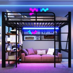 Okwish Lit Mezzanine 140x200 cm - LED Intégrée, Étagères et Rangements avec Portant Vêtements, Espace Ouvert sous Lit, Métal/MDF, No New