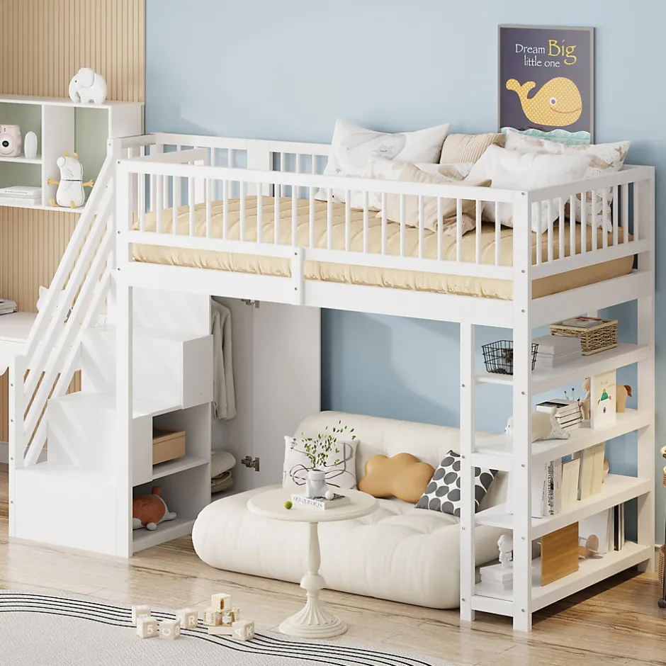 Okwish Lit mezzanine 90x200 cm - Lit ados avec clôture, penderie et étagères - Bois - Sans matelas - Blanc
