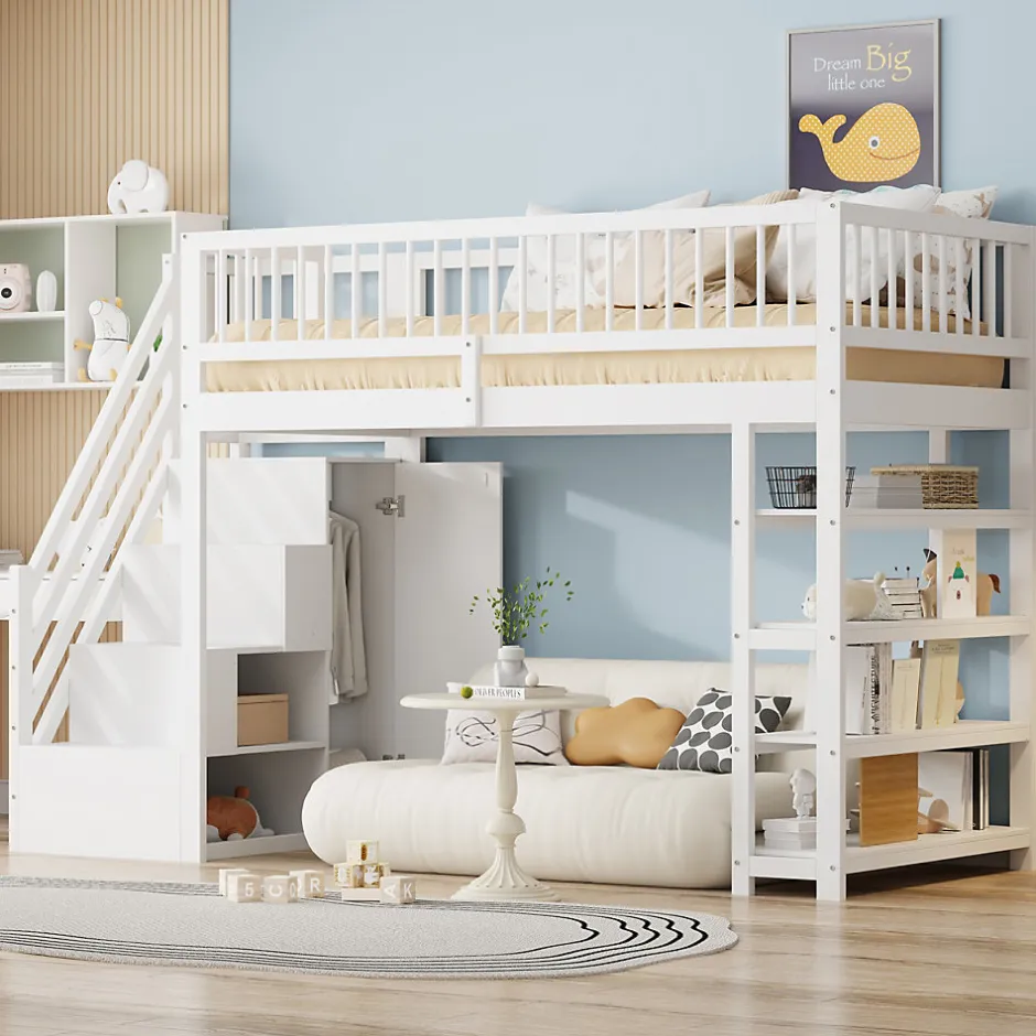 Okwish Lit mezzanine 90x200 cm - Lit ados avec clôture, penderie et étagères - Bois - Sans matelas - Blanc