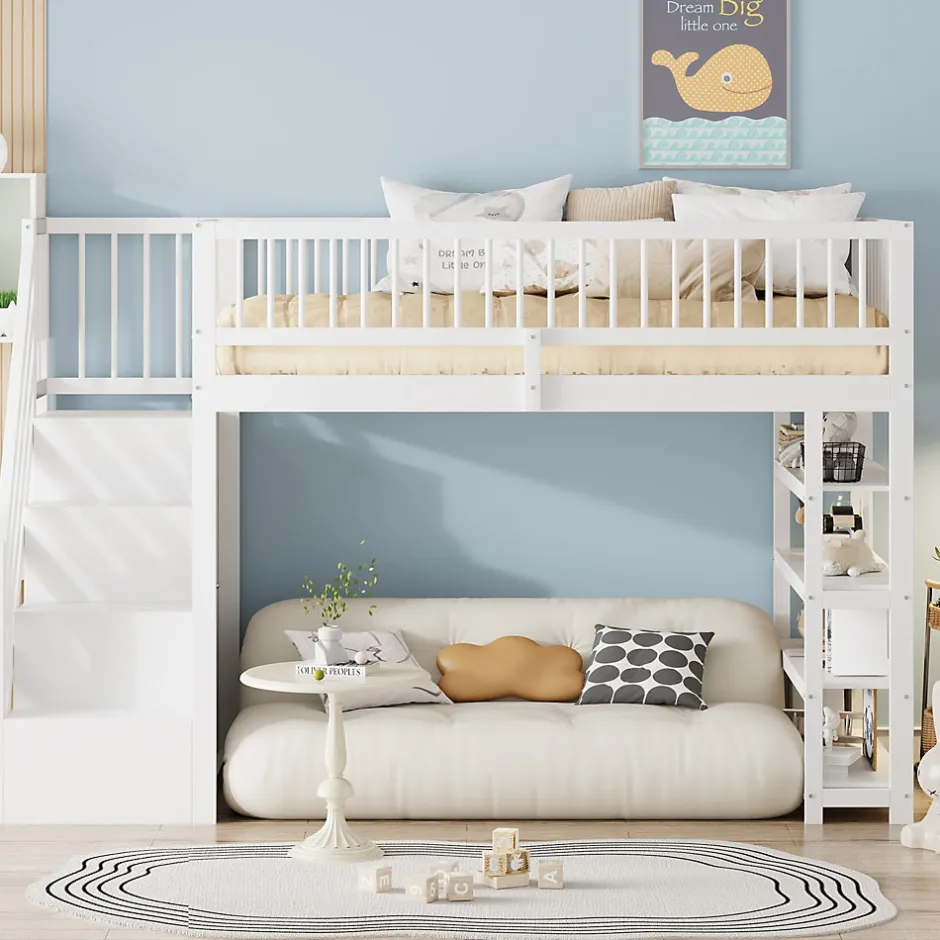 Okwish Lit mezzanine 90x200 cm - Lit ados avec clôture, penderie et étagères - Bois - Sans matelas - Blanc