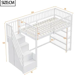 Okwish Lit mezzanine 90x200 cm - Lit ados avec clôture, penderie et étagères - Bois - Sans matelas - Blanc