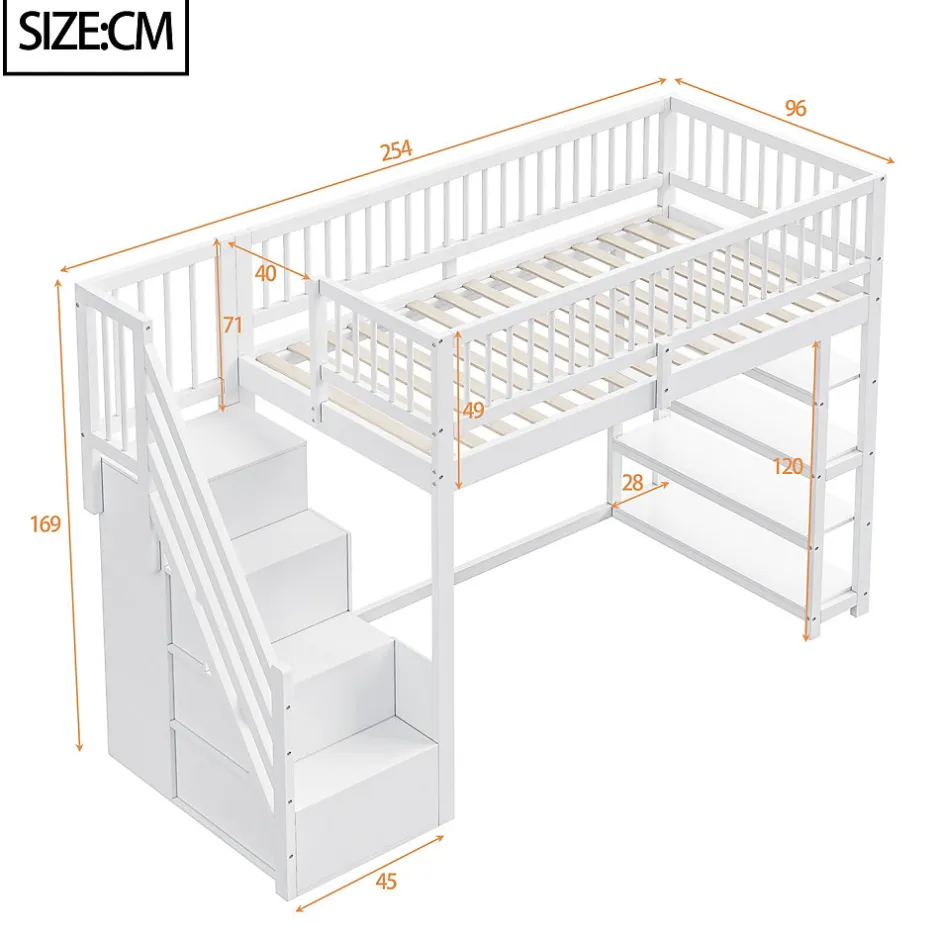 Okwish Lit mezzanine 90x200 cm - Lit ados avec clôture, penderie et étagères - Bois - Sans matelas - Blanc