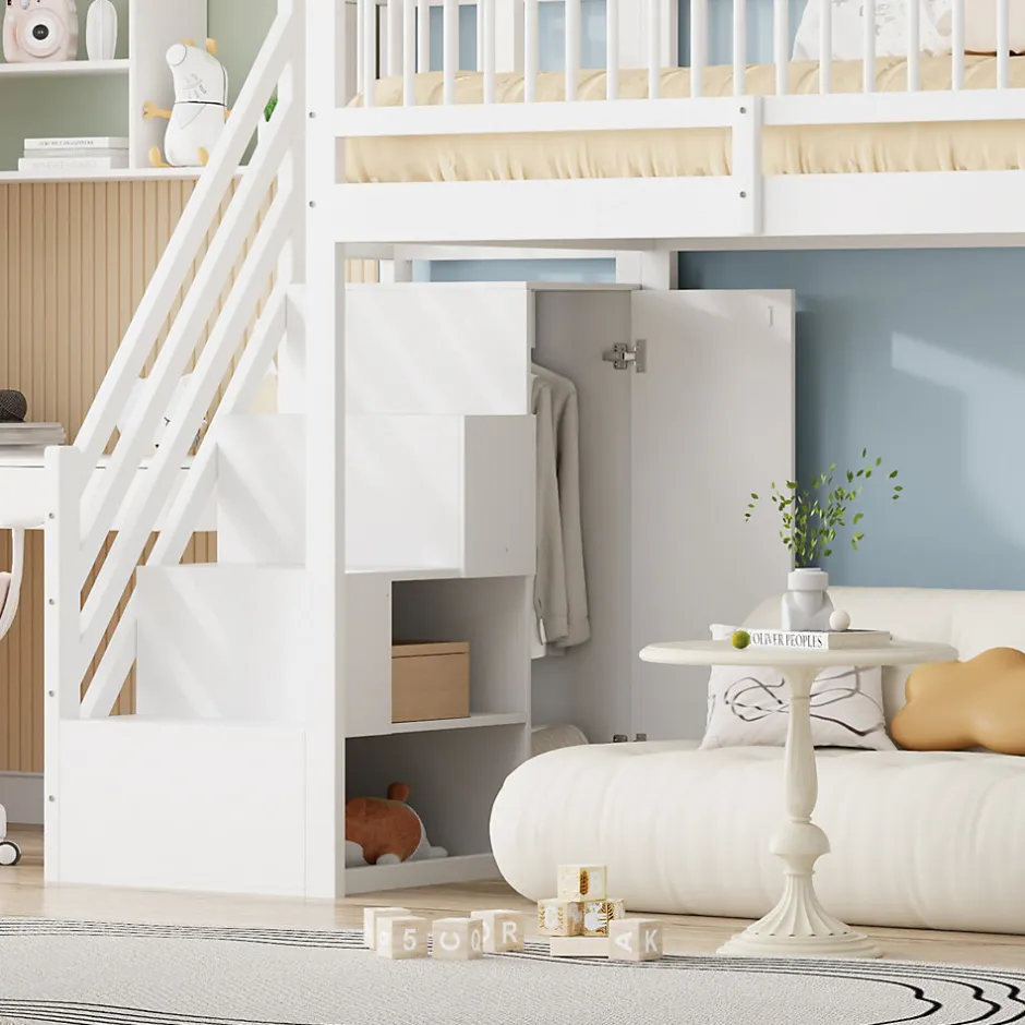 Okwish Lit mezzanine 90x200 cm - Lit ados avec clôture, penderie et étagères - Bois - Sans matelas - Blanc