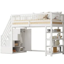 Okwish Lit mezzanine 90x200 cm - Lit ados avec clôture, penderie et étagères - Bois - Sans matelas - Blanc