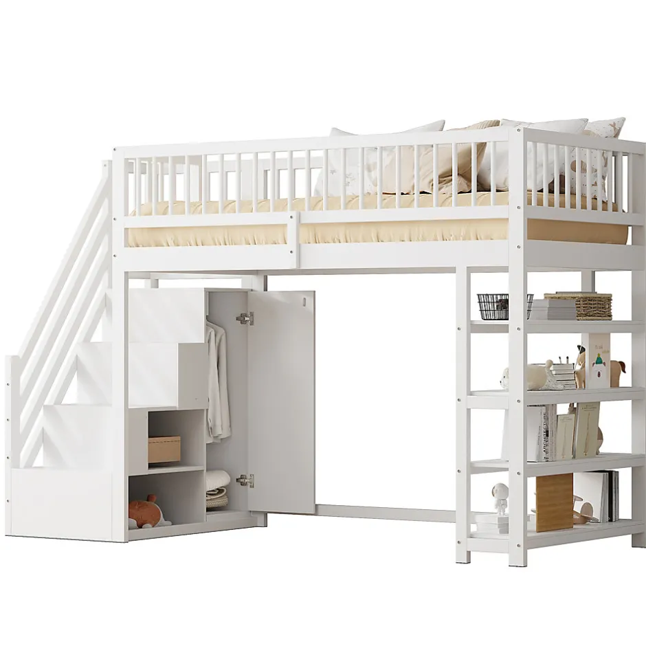 Okwish Lit mezzanine 90x200 cm - Lit ados avec clôture, penderie et étagères - Bois - Sans matelas - Blanc