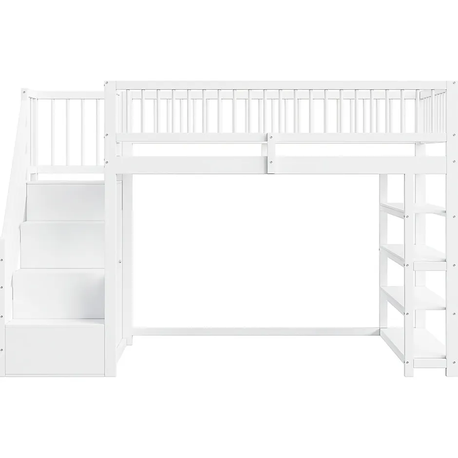 Okwish Lit mezzanine 90x200 cm - Lit ados avec clôture, penderie et étagères - Bois - Sans matelas - Blanc