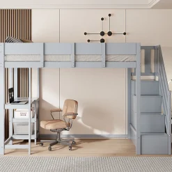 Okwish Lit mezzanine 90x200 cm - Lit avec rangement et étagère intégrée - Pin massif - Sans matelas - Gris New