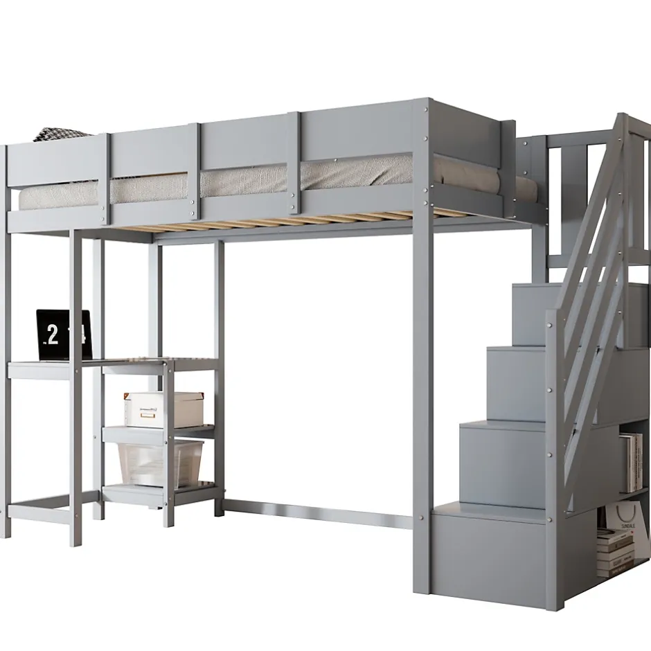 Okwish Lit mezzanine 90x200 cm - Lit avec rangement et étagère intégrée - Pin massif - Sans matelas - Gris New