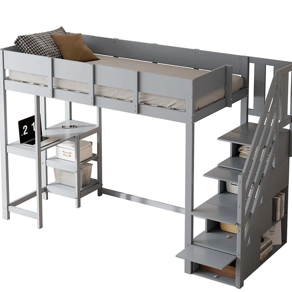 Okwish Lit mezzanine 90x200 cm - Lit avec rangement et étagère intégrée - Pin massif - Sans matelas - Gris New