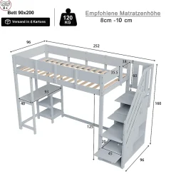 Okwish Lit mezzanine 90x200 cm - Lit avec rangement et étagère intégrée - Pin massif - Sans matelas - Gris New