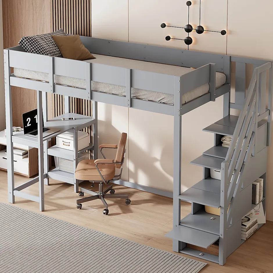 Okwish Lit mezzanine 90x200 cm - Lit avec rangement et étagère intégrée - Pin massif - Sans matelas - Gris New