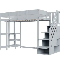 Okwish Lit mezzanine 90x200 cm - Lit avec rangement et étagère intégrée - Pin massif - Sans matelas - Gris New