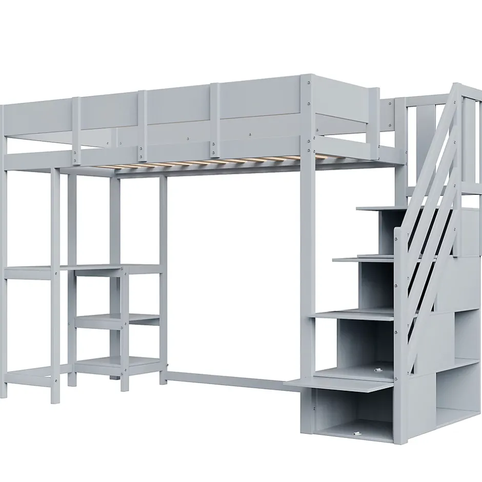 Okwish Lit mezzanine 90x200 cm - Lit avec rangement et étagère intégrée - Pin massif - Sans matelas - Gris New