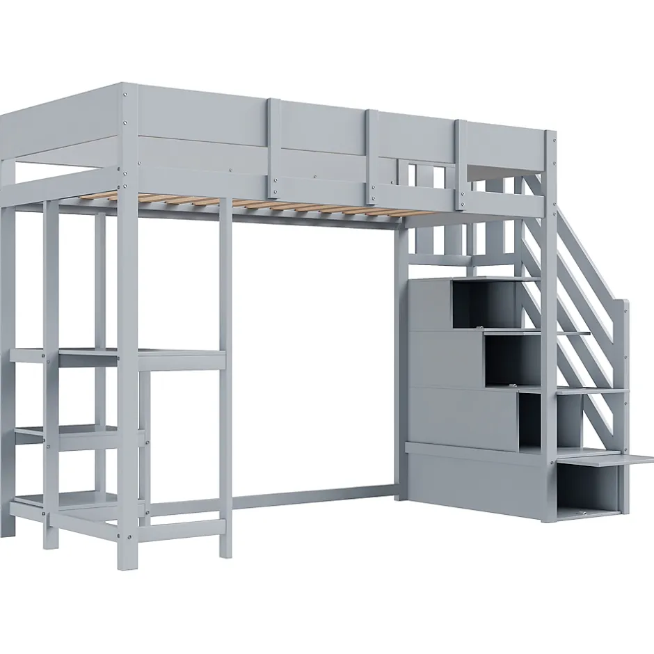Okwish Lit mezzanine 90x200 cm - Lit avec rangement et étagère intégrée - Pin massif - Sans matelas - Gris New