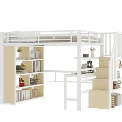 Okwish Lit Mezzanine 140x200 cm - Lit Ado avec Bureau Intégré, LED et Escalier de Rangement, Métal + MDF, Blanc Outlet