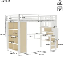 Okwish Lit Mezzanine 140x200 cm - Lit Ado avec Bureau Intégré, LED et Escalier de Rangement, Métal + MDF, Blanc Outlet