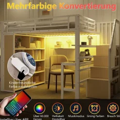 Okwish Lit Mezzanine 140x200 cm - Lit Ado avec Bureau Intégré, LED et Escalier de Rangement, Métal + MDF, Blanc Outlet