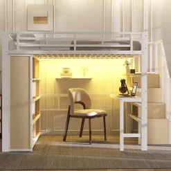 Okwish Lit Mezzanine 140x200 cm - Lit Ado avec Bureau Intégré, LED et Escalier de Rangement, Métal + MDF, Blanc Outlet