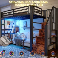 Okwish Lit Mezzanine 90x200 cm - Lit Ado Simple avec Escalier Intégré, LED et Rangement Sous le Lit - MDF et Métal - sans Matelas - Noir Discount