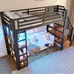 Okwish Lit Mezzanine 90x200 cm - Lit Ado Simple avec Escalier Intégré, LED et Rangement Sous le Lit - MDF et Métal - sans Matelas - Noir Discount