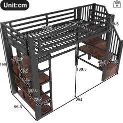 Okwish Lit Mezzanine 90x200 cm - Lit Ado Simple avec Escalier Intégré, LED et Rangement Sous le Lit - MDF et Métal - sans Matelas - Noir Discount