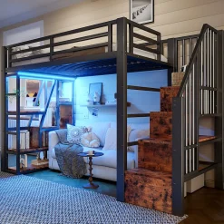 Okwish Lit Mezzanine 90x200 cm - Lit Ado Simple avec Escalier Intégré, LED et Rangement Sous le Lit - MDF et Métal - sans Matelas - Noir Discount