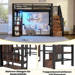 Okwish Lit Mezzanine 90x200 cm - Lit Ado Simple avec Escalier Intégré, LED et Rangement Sous le Lit - MDF et Métal - sans Matelas - Noir Discount
