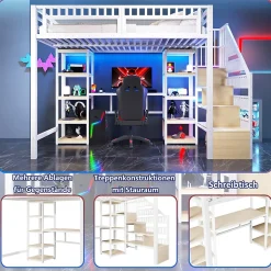 Okwish Lit Mezzanine 140x200 cm - Lit Ado Double avec Bureau, Escalier Rangement et LED - Métal et MDF - sans Matelas - Blanc