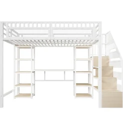 Okwish Lit Mezzanine 140x200 cm - Lit Ado Double avec Bureau, Escalier Rangement et LED - Métal et MDF - sans Matelas - Blanc