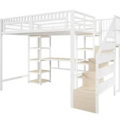 Okwish Lit Mezzanine 140x200 cm - Lit Ado Double avec Bureau, Escalier Rangement et LED - Métal et MDF - sans Matelas - Blanc