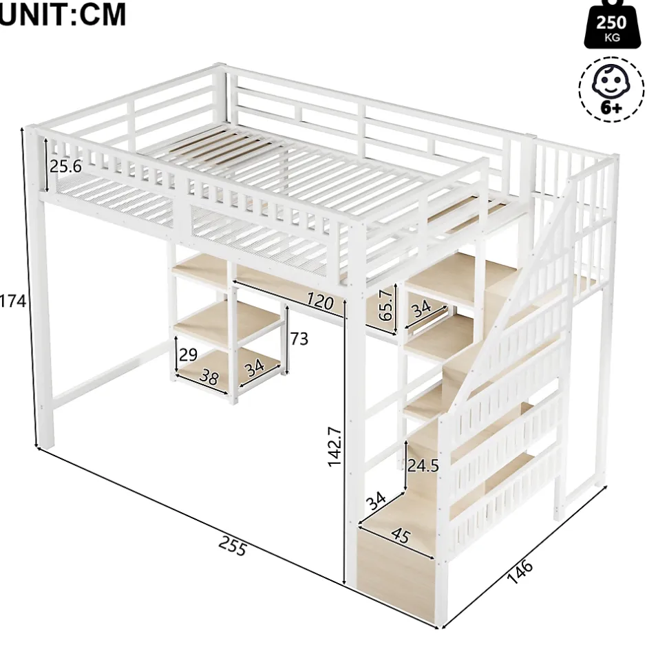 Okwish Lit Mezzanine 140x200 cm - Lit Ado Double avec Bureau, Escalier Rangement et LED - Métal et MDF - sans Matelas - Blanc