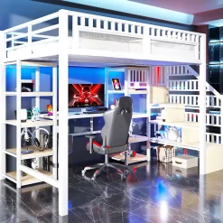 Okwish Lit Mezzanine 140x200 cm - Lit Ado Double avec Bureau, Escalier Rangement et LED - Métal et MDF - sans Matelas - Blanc