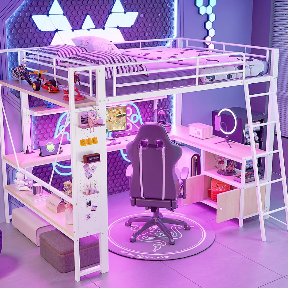 Okwish Lit Mezzanine 140x200 cm - Lit Ado avec Bureau Intégré, LED et Ports USB, Panneau Perforé et Rangement, Métal + MDF, Blanc