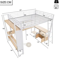 Okwish Lit Mezzanine 140x200 cm - Lit Ado avec Bureau Intégré, LED et Ports USB, Panneau Perforé et Rangement, Métal + MDF, Blanc